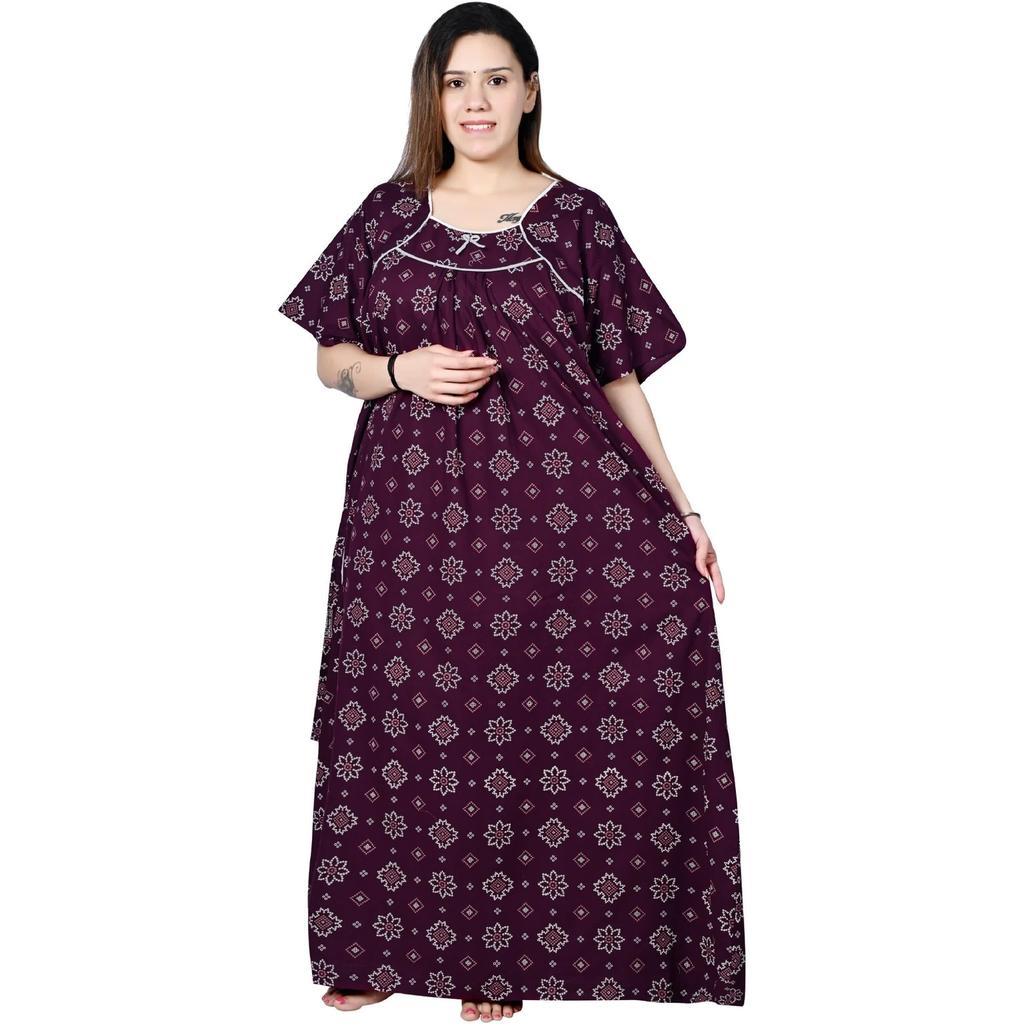 Purple Floral Printed Cotton Night Gown Indian Women Summer Night Wear Nighty