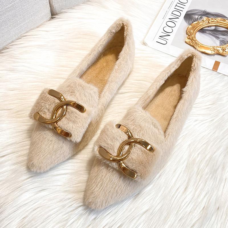 

Туфли с острым носком женские зимние 2025 новые бархатные туфли-лодочки из норки хлопковые женские туфли большого размера 41-43 43 абрикосовый