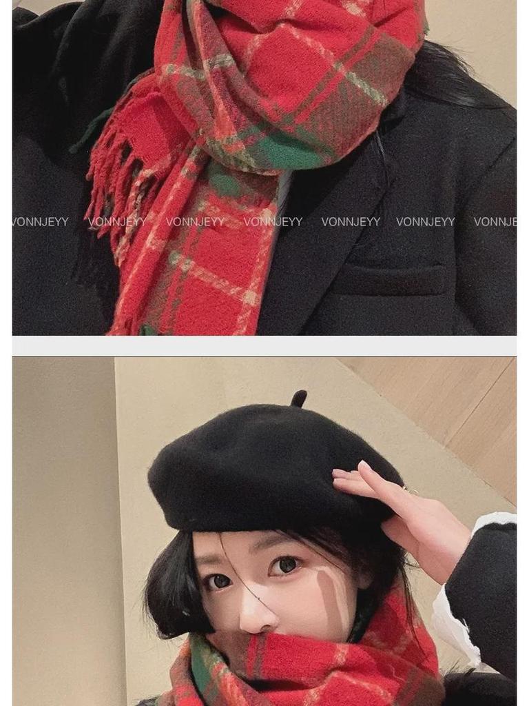 New Year Christmas Red Tassel Plaid Scarf - Women's High-End Warm Winter Korean Shawl