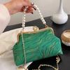 Elegant Evening Clutch Silk Satin for Women Clip Shell Pearl Blue Chain Shoulder Bags Wedding Party Bridal Small Bags New