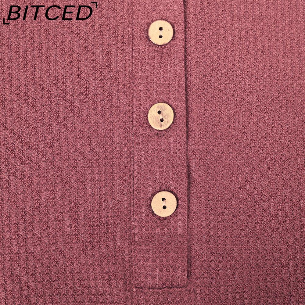 BITCED Women's Fall/Winter Polo Neck Button-Up Solid Color Long-Sleeve T-Shirt