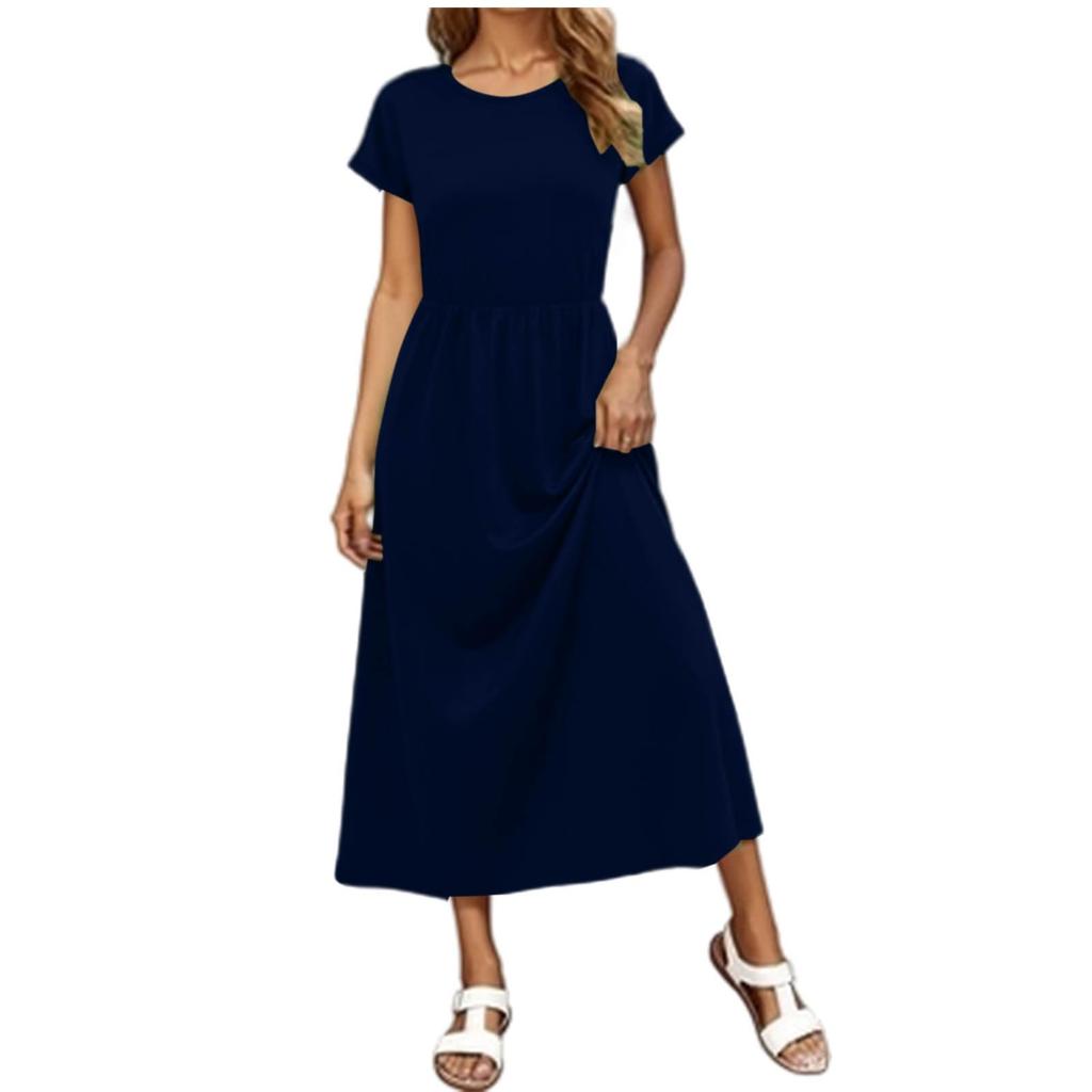 Women's Fashion Casual Short Sleeve Round Neck Elastic Waist Draped Pocket Dress