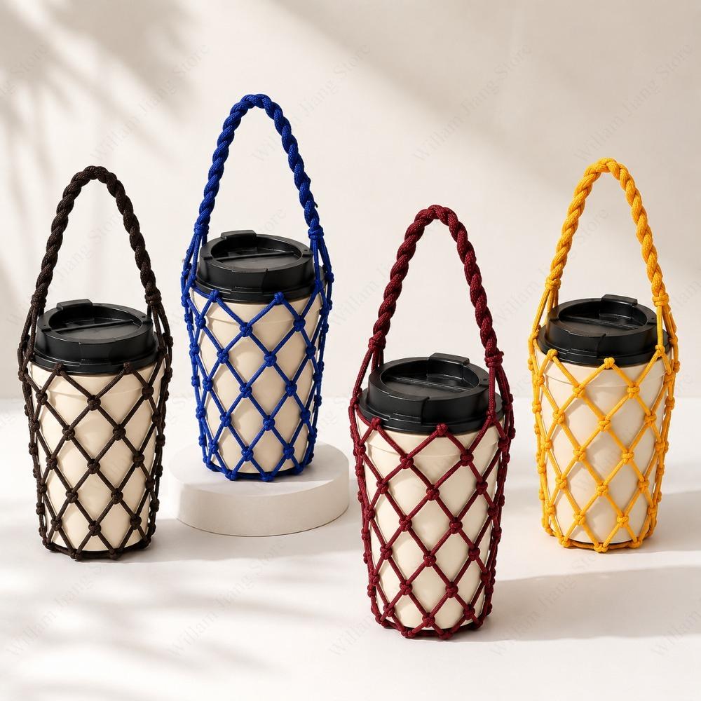 Reusable Woven Coffee Cup Holder Handmade Mesh Water Bottle Carry Bag with Shoulder Strap for Walking Office Picnic Travel