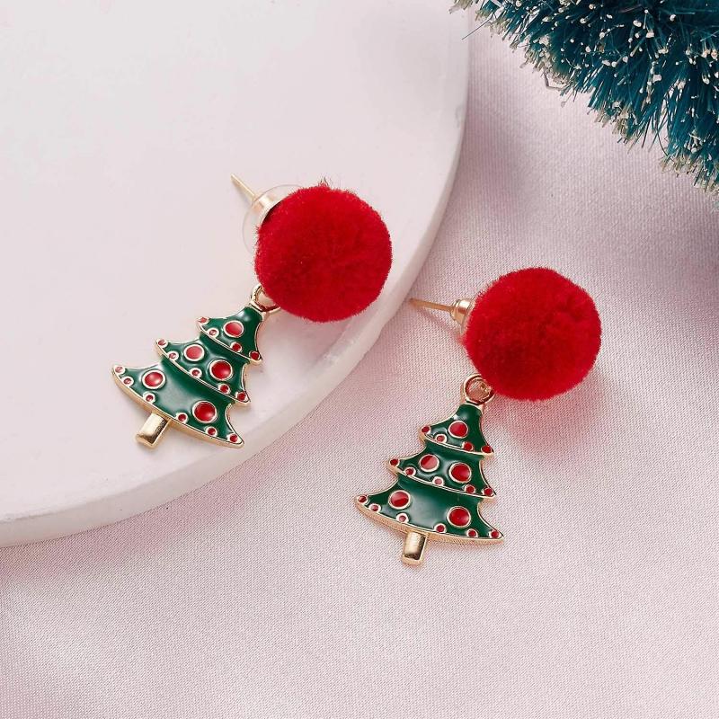 Christmas tree earrings with red beads and gold-plated pom-poms