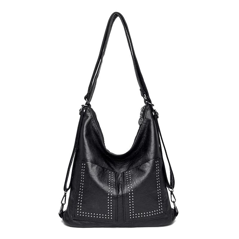 

Сумка специальной формы с двумя карманами и декоративными заклепками, сумка-локомотив из стираной кожи, одно плечо, косая пройма, двойное плечо, женская сумка чёрный