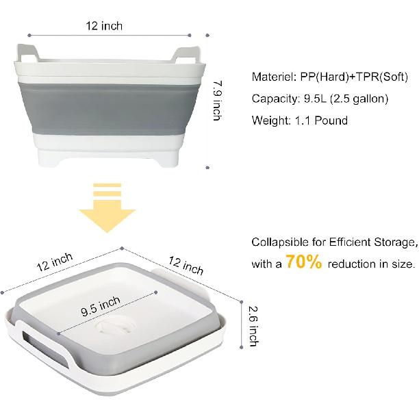 Collapsible Dish Basin & Sink Tub With Drain Plug – 2.4 Gal Baby Bottle Wash Basin, Bottle Washing Bin For RV, Camping, Kitchen | Collapsible Water