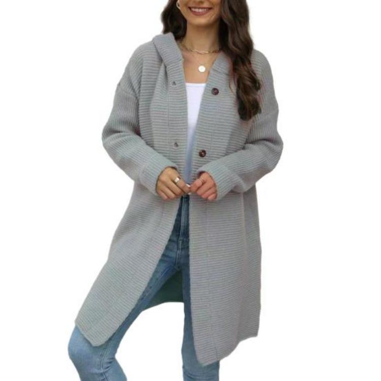 

Women Single Breasted Hooded Cardigan Coat Loose Fit Long Sleeve Sweater Solid Color Outwear Autumn Winter Mid-length S серый