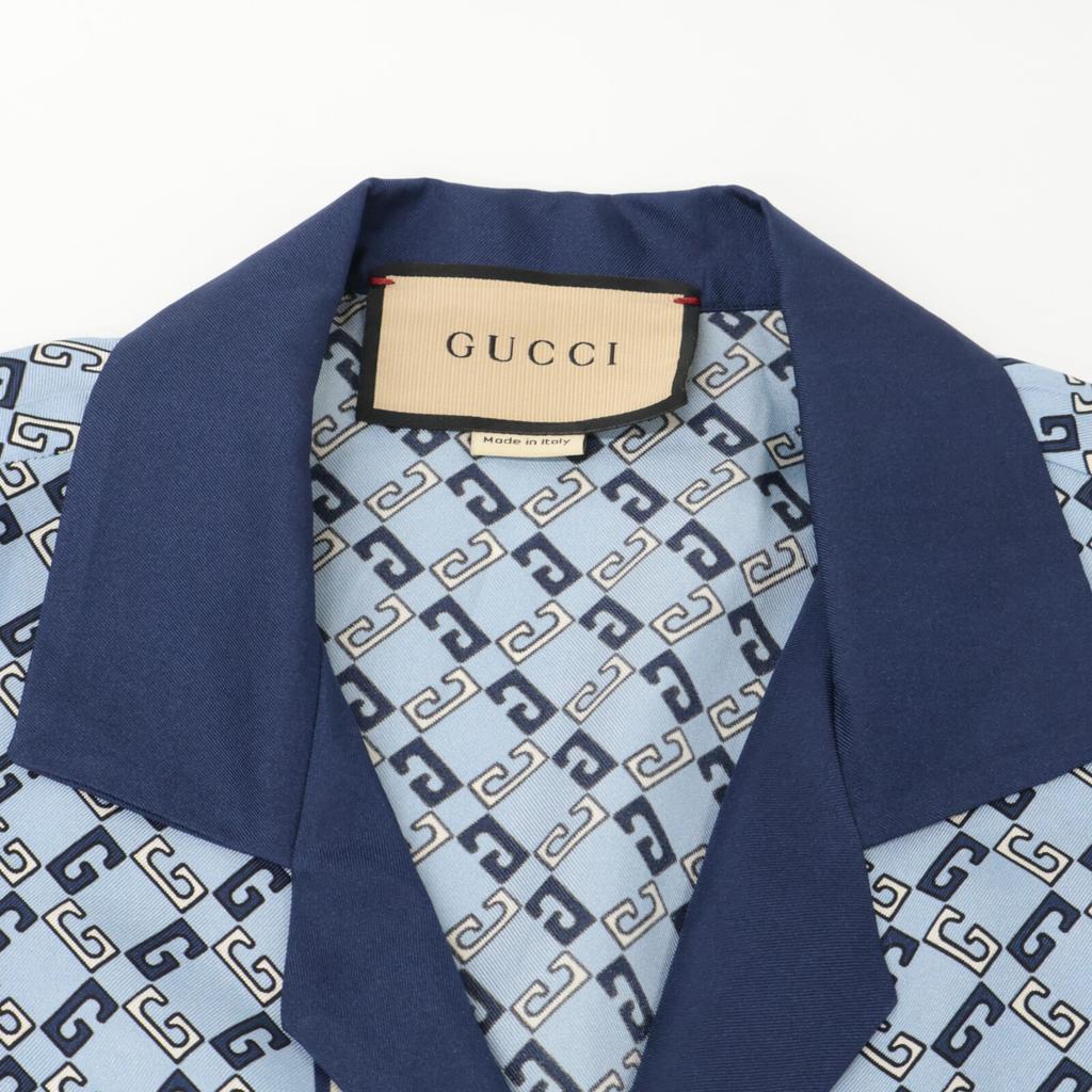 GUCCI 690464 22Stainless Steel 690464 ZAIZX Geometric G Print Short Sleeve Bowling Shirt tops 48 blueUsed