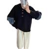 Retro hooded twist splicing denim knitted sweater top autumn new loose design sweater pullover woman