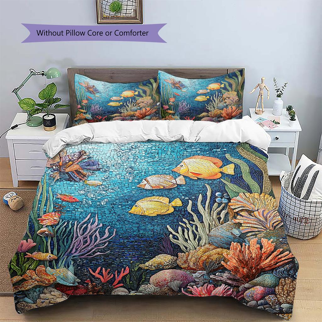Ocean Fish Pattern Bedding Quilt Set Home Decoration Gift (1 * Duvet Cover + 2 * Pillowcase Without Core)