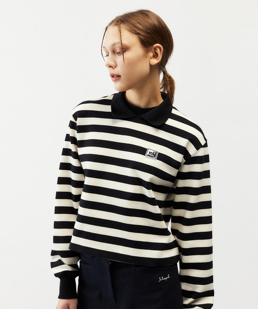 MAYOL Double Collar Wappen Striped Long Sleeve T-Shirt_Black