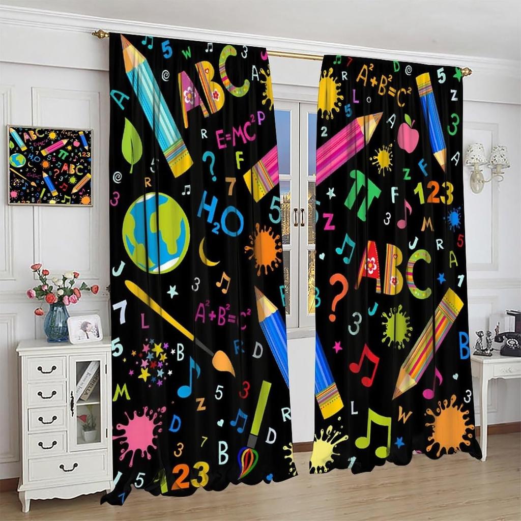Funny Education Alphabet Abc Curtains,Cartoon Kids Learning Letters Watercolor Decor Rod Pocket Window Treatments For Boy Baby