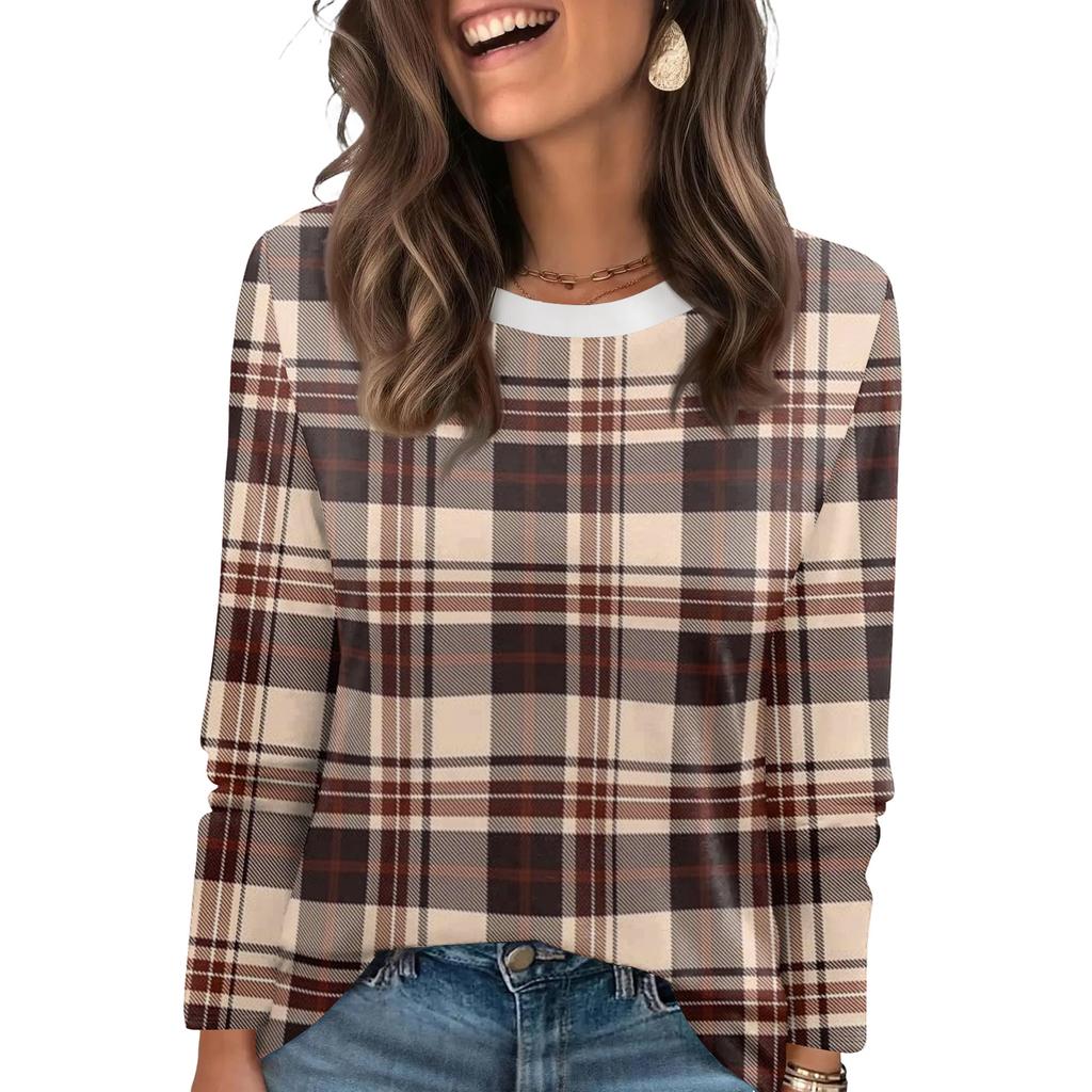 Ladies' Plaid Printed Fashionable Casual Round Neck Long Sleeved Round Neck Top