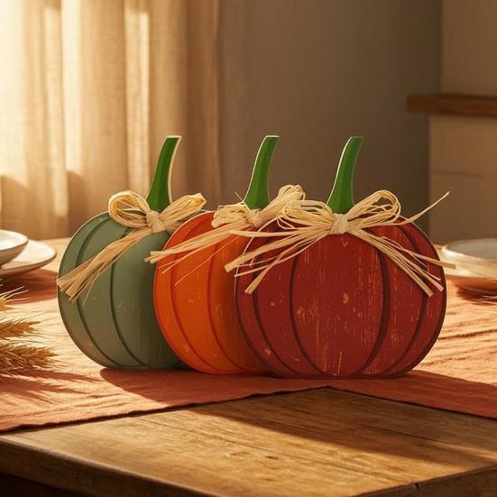 Pastoral Style Room Decor 3Pcs Autumn Pumpkin Ornaments, Rustic Wooden with Hemp Rope Bow Fall Tiered Tray Decorations Table for Farmhouse Seasonal