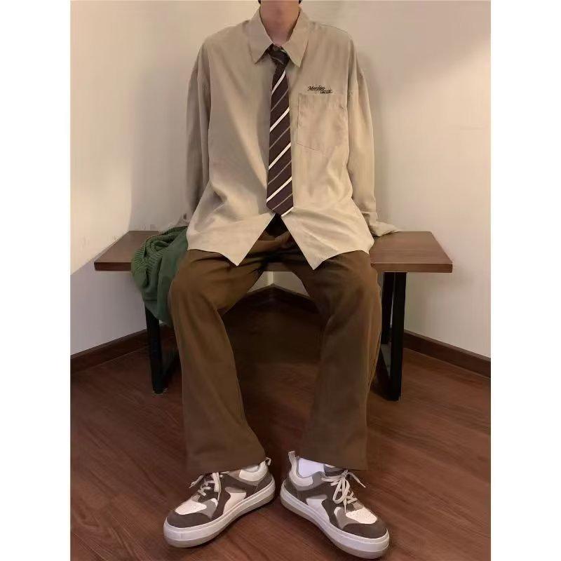 

2023 Spring Men s Retro Green Long Sleeve Shirt - Loose Cityboy Outerwear Pique Design M