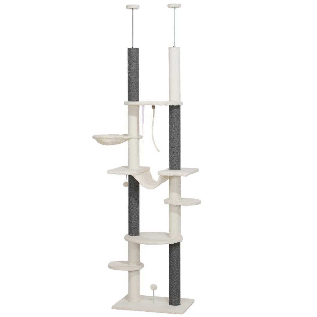 Cat Tree, Ceiling-High, Adjustable 225-255 cm, Platforms & Hammocks, Anti-Tip Safety, White
