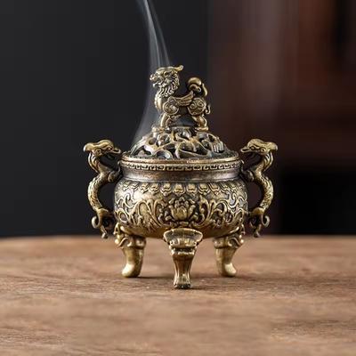Mini Copper Tripod Incense Burner - Bronze Hollow Out Censer with Lid, Incense Stick Holder for Aroma Yoga Home Decor