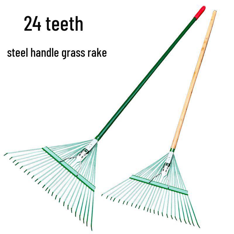 Garden Rake with Long Wooden Handle for Lawn and Leaves