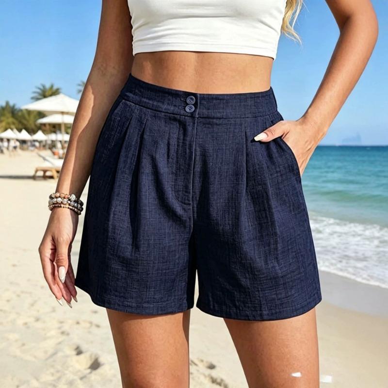 Women Khaki Textured High Waist Double Button Pleated Front Side Pocket Loose Casual Linen Shorts