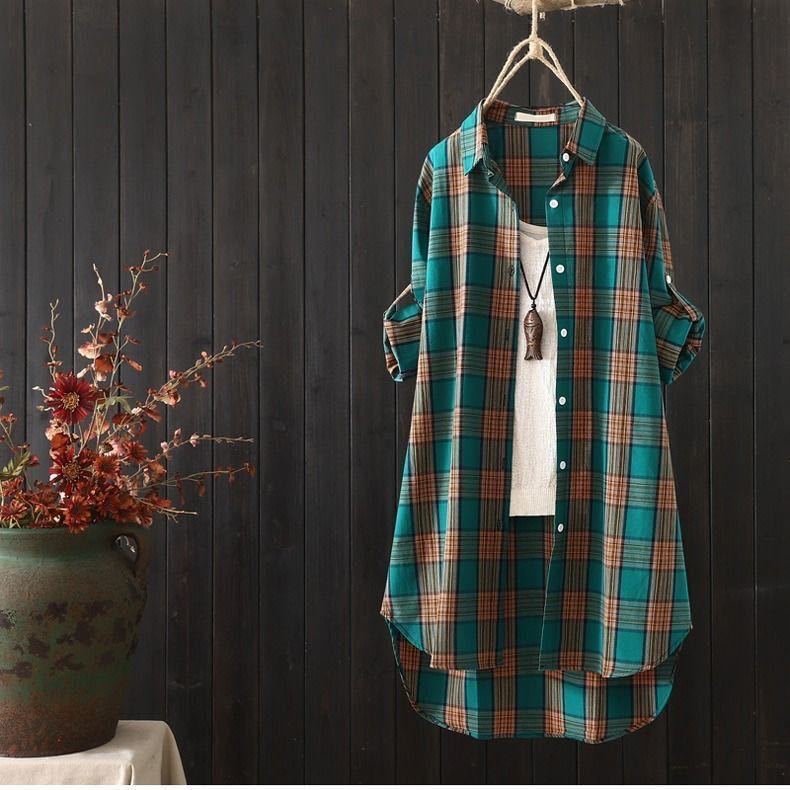 Leinenblusen Damen Damen Hemd mit Knöpfen Chinesischer Stil Damenbekleidung Kariert Langarm Vintage Oberteil Hemden