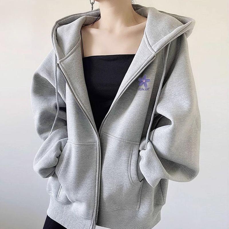 

Женская толстовка с капюшоном фиолетового цвета, повседневная куртка на молнии, весенне-осенняя модная верхняя одежда XXL серый