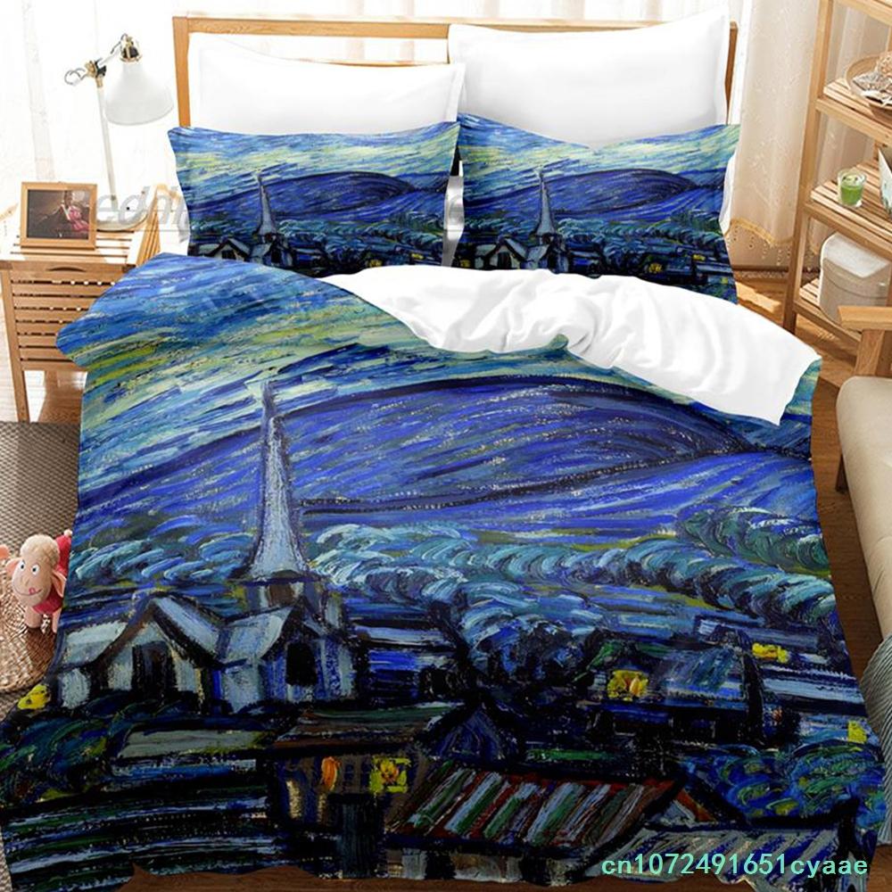 Van Gogh Beddengoed Set Enkel Twin Volledig Queen King Size Bed Set Volwassen Kind Slaapkamer Dekbedovertrek Sets 3D Retro Klassiek EU single(135x200cm)