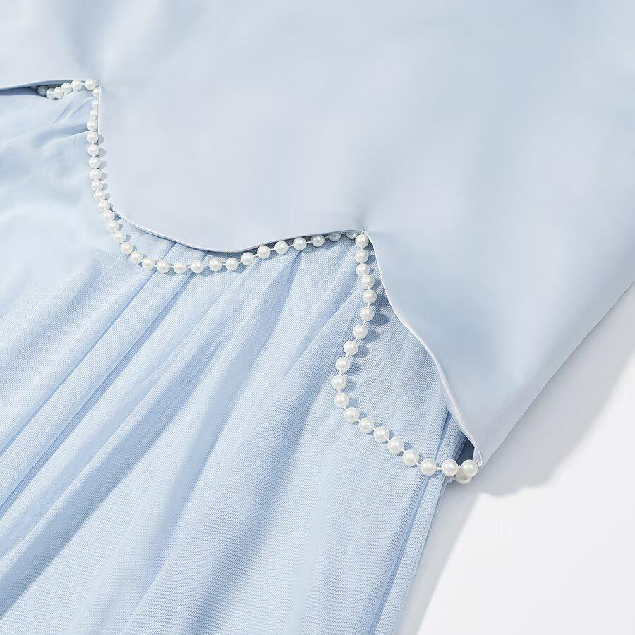 Pearl Embellished Mesh Patchwork Bandeau Dress with Flowy Shawl - Summer 2026 Light Luxury Evening Gown