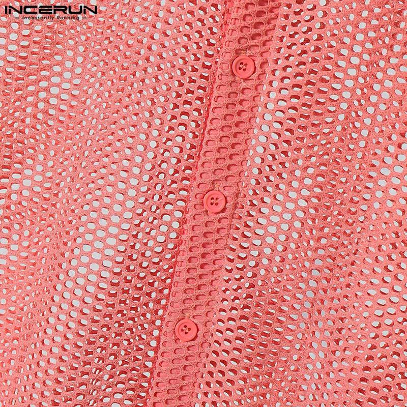 INCERUN Letní pánská trička s klopou, krátkým rukávem a dutým designem na pláž