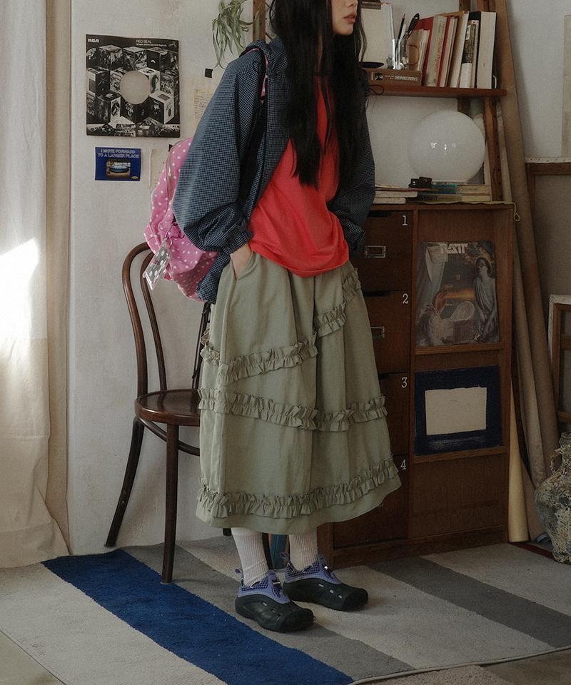 Cookies Nylon Frill Tiered Long Skirt_Khaki