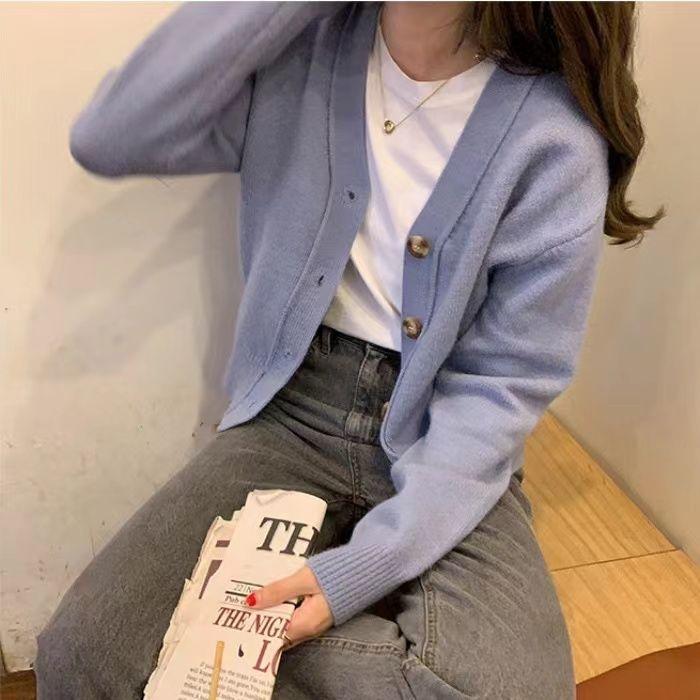 Pulover cardigan cu decolteu în V casual și versatil toamnă și iarnă casual cu gât în ​​V cu mânecă lungă pulover tricotat solid top feminin