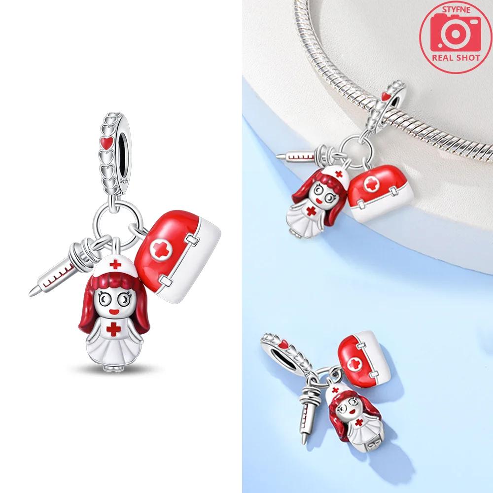 Teeth Protection Copper Red Heart Medical Care Dental Nurse Beads Charm For Original Bracelet Woman Girl Jewelry