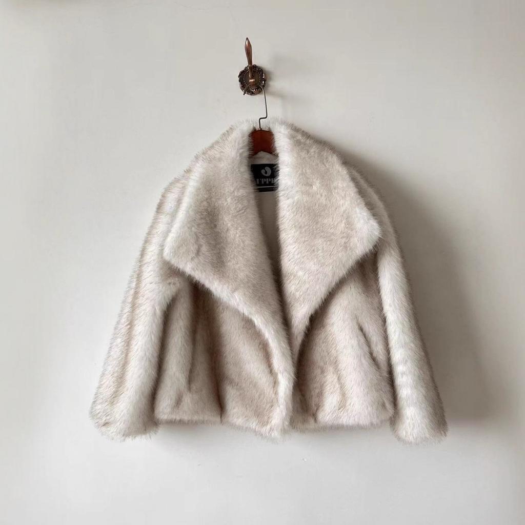 Damen Reverskragen Langarm Kunstpelzmantel Lockerer Schnitt Streetwear Pelzjacke