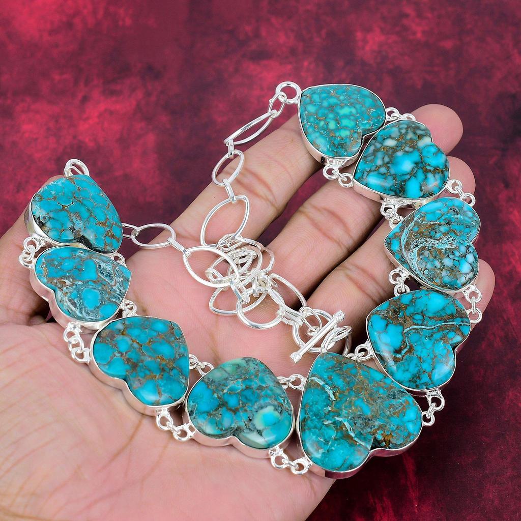 Blå turkos handgjord ädelstenshalsband, 925 massivt sterlingsilver antik smycke, justerbart kedjehalsband, för förlovningspresent