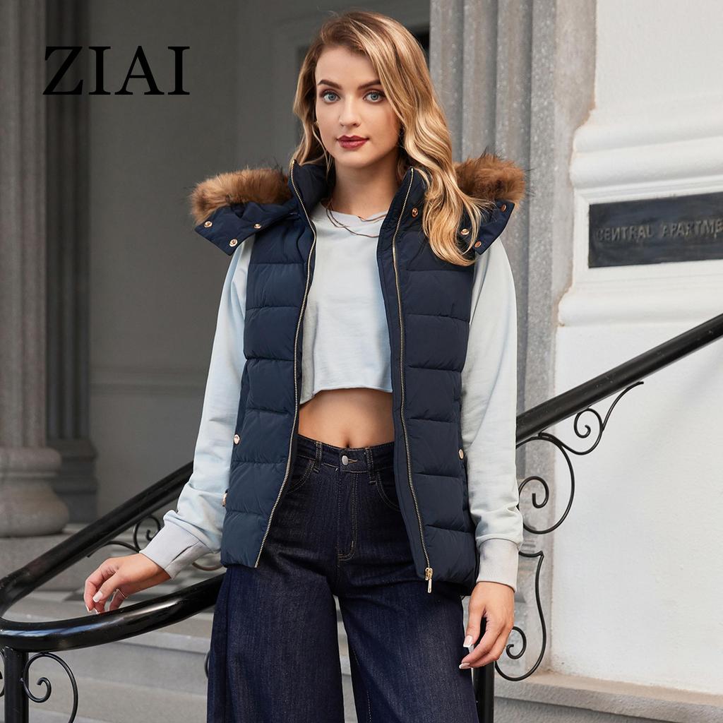 ziai New Women Down Vests Sleeveless Fur Collar Hood Puffer Jacket Girl Windproof Quilted Parka Coat Slim Female Outerwear ZR-L006