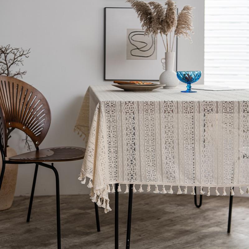 White Lace Embroidered Cotton Linen Tablecloth with Fringe Decoration for Dining Table Tea Table Cover