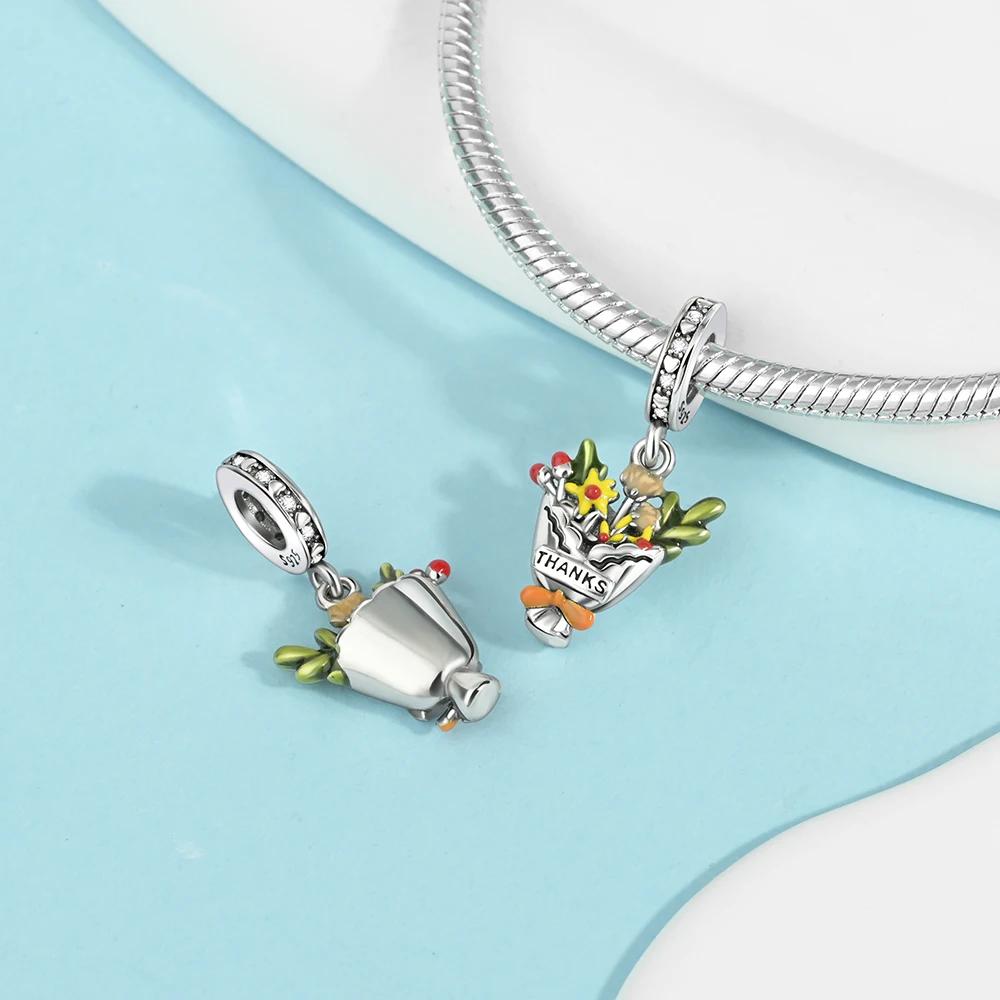 Authentic copper Colored Flower Pendant Pink Plants Lucky Charm Bead Charms Bead Charms Compatible With Bracelets Women Accessory Fine Gift Diy Jewell