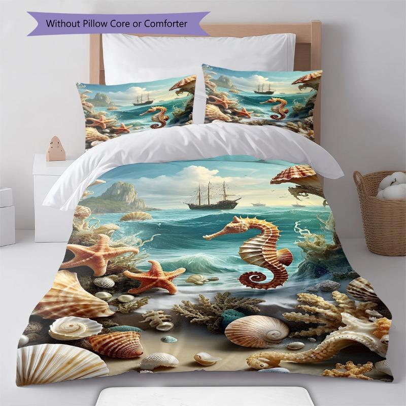 Seahorse Starfish Seashell Ocean Sailboat Print 3 Pieces Duvet Cover Set Sea Animal Bedding Bedroom Home Decor Without Pillow Core Comforter