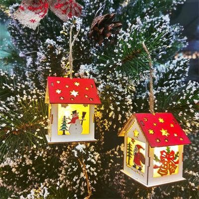 Christmas LED Wood House Decoration Shining Cabin Craft Battery Powered Miniature LED Glowing Wooden Christmas House Ornament DIY Xmas Tree
