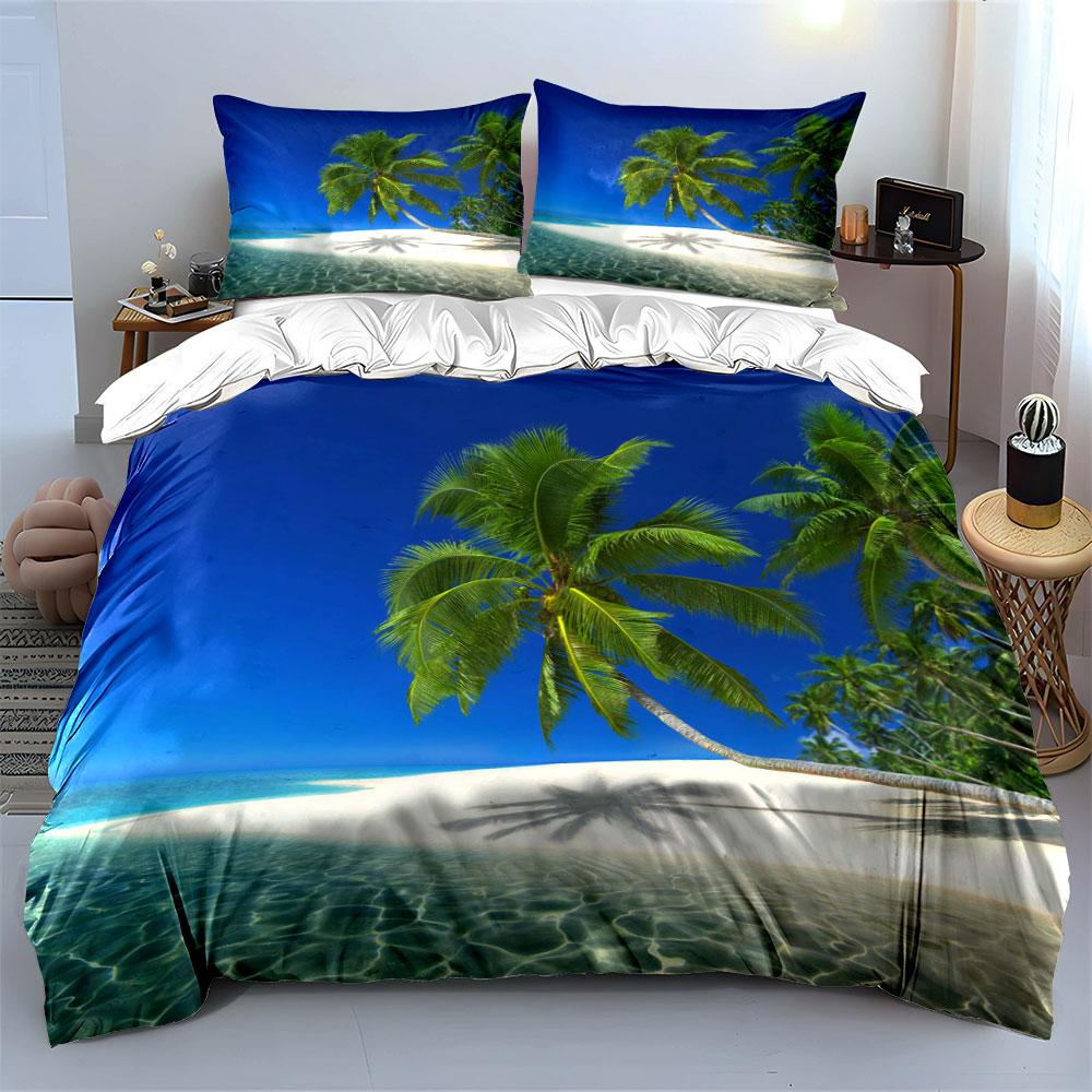 Tropical Beach Palm Trees Clear Water Bedding Set For Kids Luxury Gift 3Pcs Digital Print Comforter Set Soft Comfortable