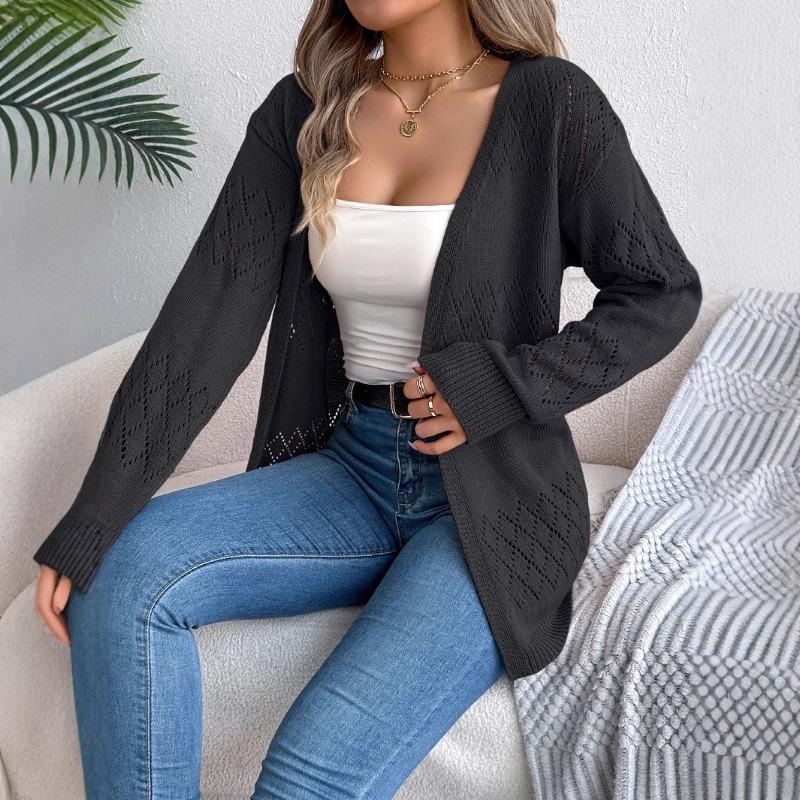 Women European American Casual Solid Hollow Out Lantern Long Sleeve Cardigan Sweater Coat