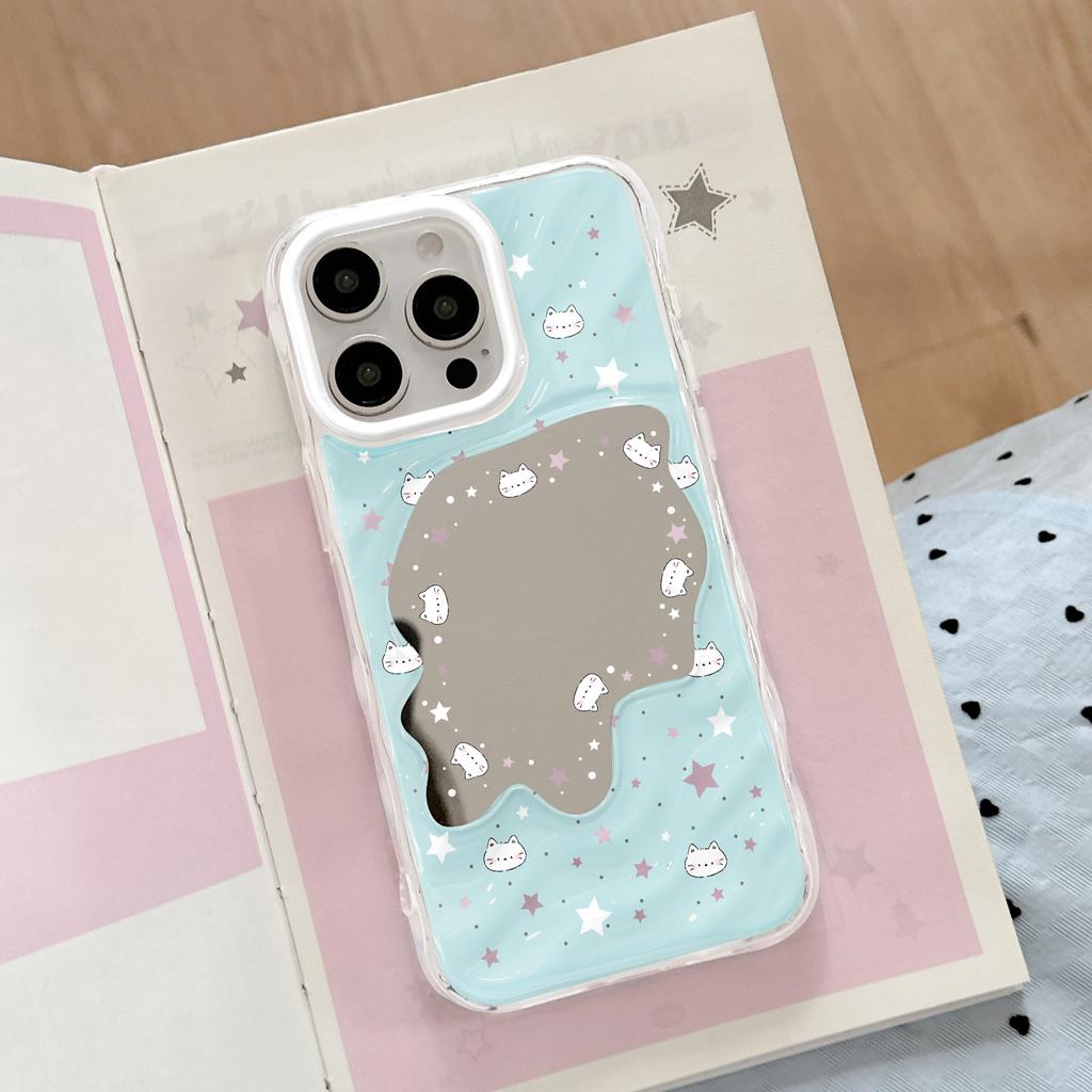 Cute Cat Wave Mirror Is Suitable for Apple 16/15/iphone13promax Huawei Makeup Mirror Mobile Phone Case