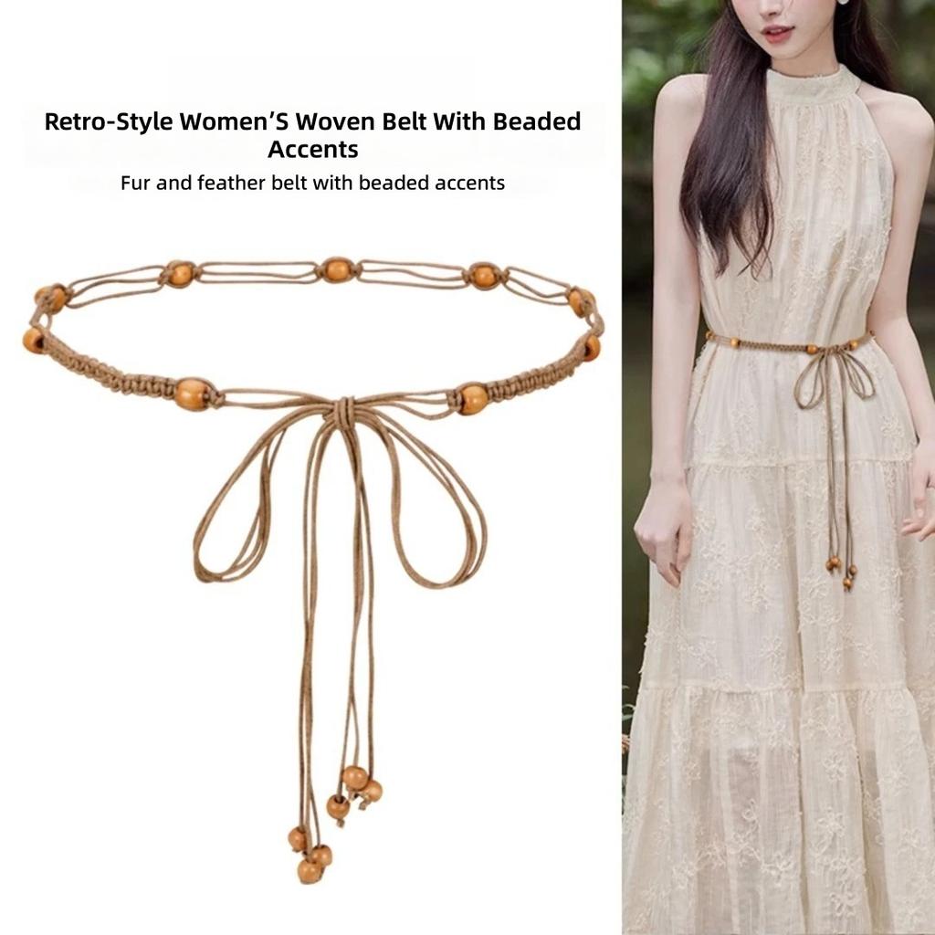 Women's Boho Beaded Waist Belt Handmade Woven String Wood Beads Adjustable Magnetic Suction Buckle Belt for Dresses Casual