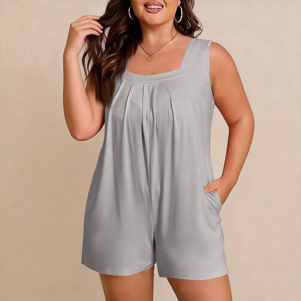 Women's Plus Size Casual Tank Top Sleeveless Pocket Jumpsuit Shorts Set