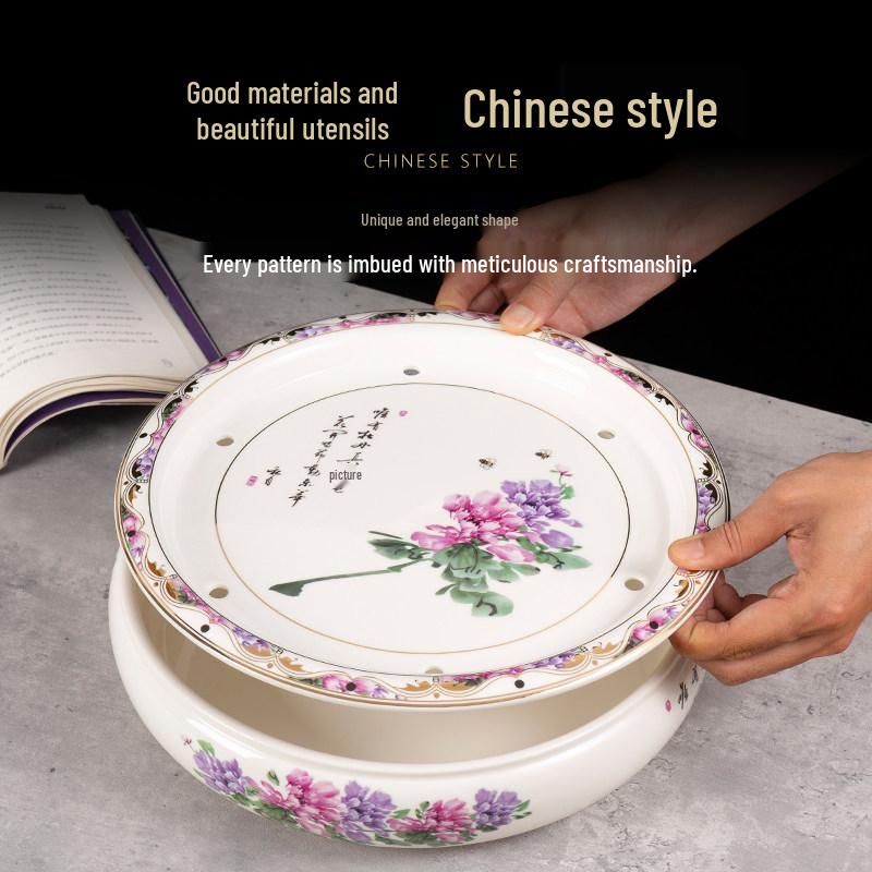 14-inch Ceramic Round Tea Tray for Gongfu Tea, with Double-Layer Water Storage