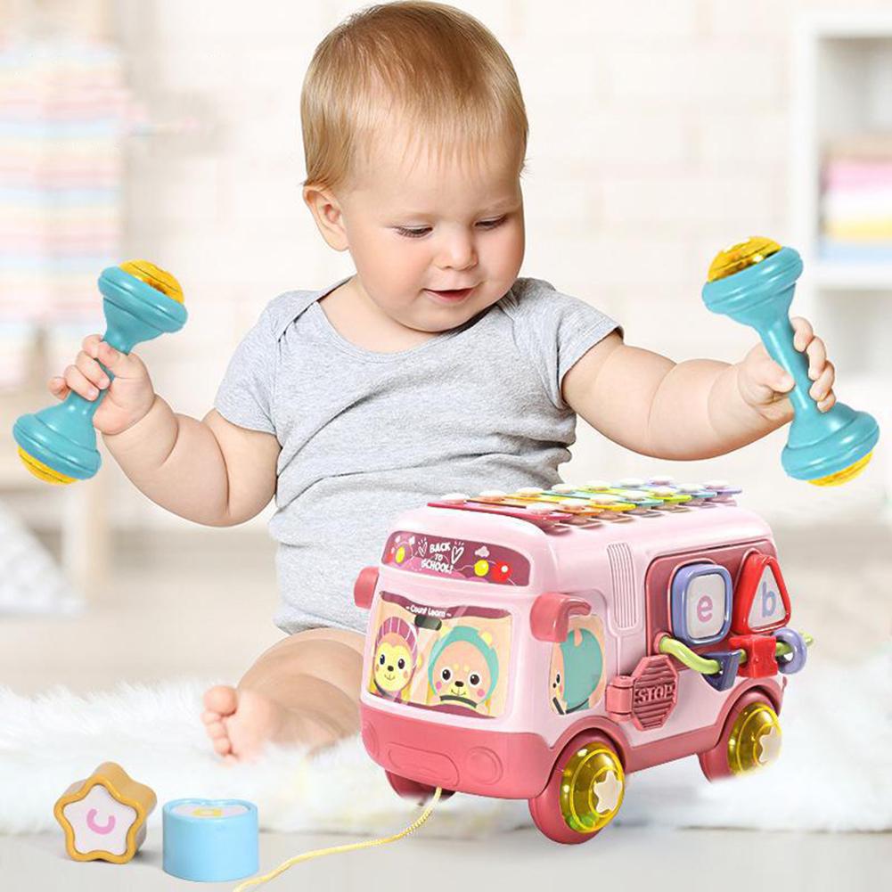 Bus Toys Multi-functional Rattle Puzzles Knocking Piano Drag Bus Early Educational Toys Gifts For Boys Girls