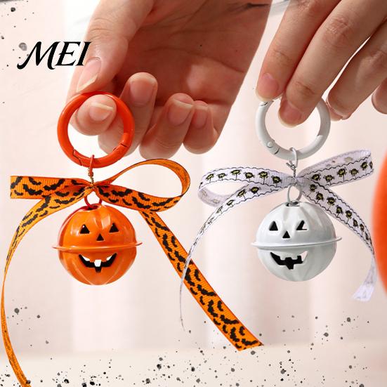 Hanging Bell Keychain Halloween Pumpkin Keychain, Hollow Head Key Ring Decorative with Ribbon Bow, Backpacks Charm for Holiday Party Decoration