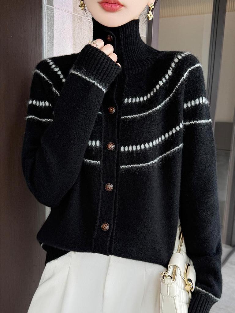 Women's High-Neck Wool Cardigan: New Autumn/Winter Style, Warm, Loose, Slimming, Versatile Knit Sweater Coat.