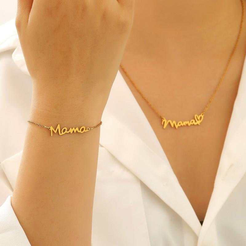 Stainless Steel MAMA Letter Pendant Necklace Bracelet Set Women Minimalist Elegant Mothers Day Gift