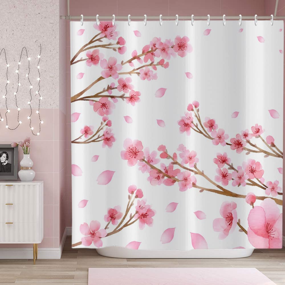 Pink Cherry Blossom Shower Curtain Retro Floral Sakura Plum Blossom Blooming Flower Spring Flower Geometric Bathroom Accessories