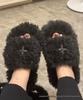 2024 High-Version SMF-K Fur Slippers: Thick-Soled Leather & Velvet Cross Design in Black/Gray
